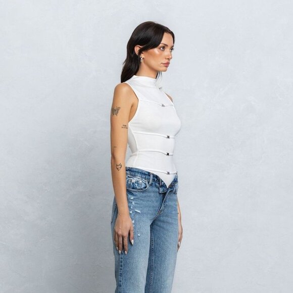 Scuba Mock Neck Tank Top W/ Metal Clasps - White - Picture 2 of 4